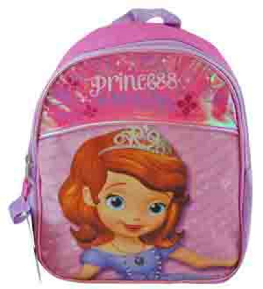 Pink mini backpack featuring a Sofia the First princess design with glitter and a front zip pocket.