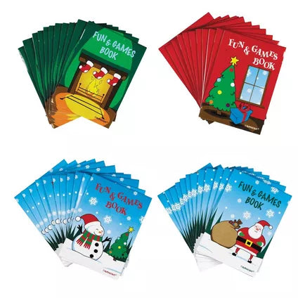 Four stacks of colorful Christmas-themed activity booklets featuring green, red, blue, and light blue covers with festive.