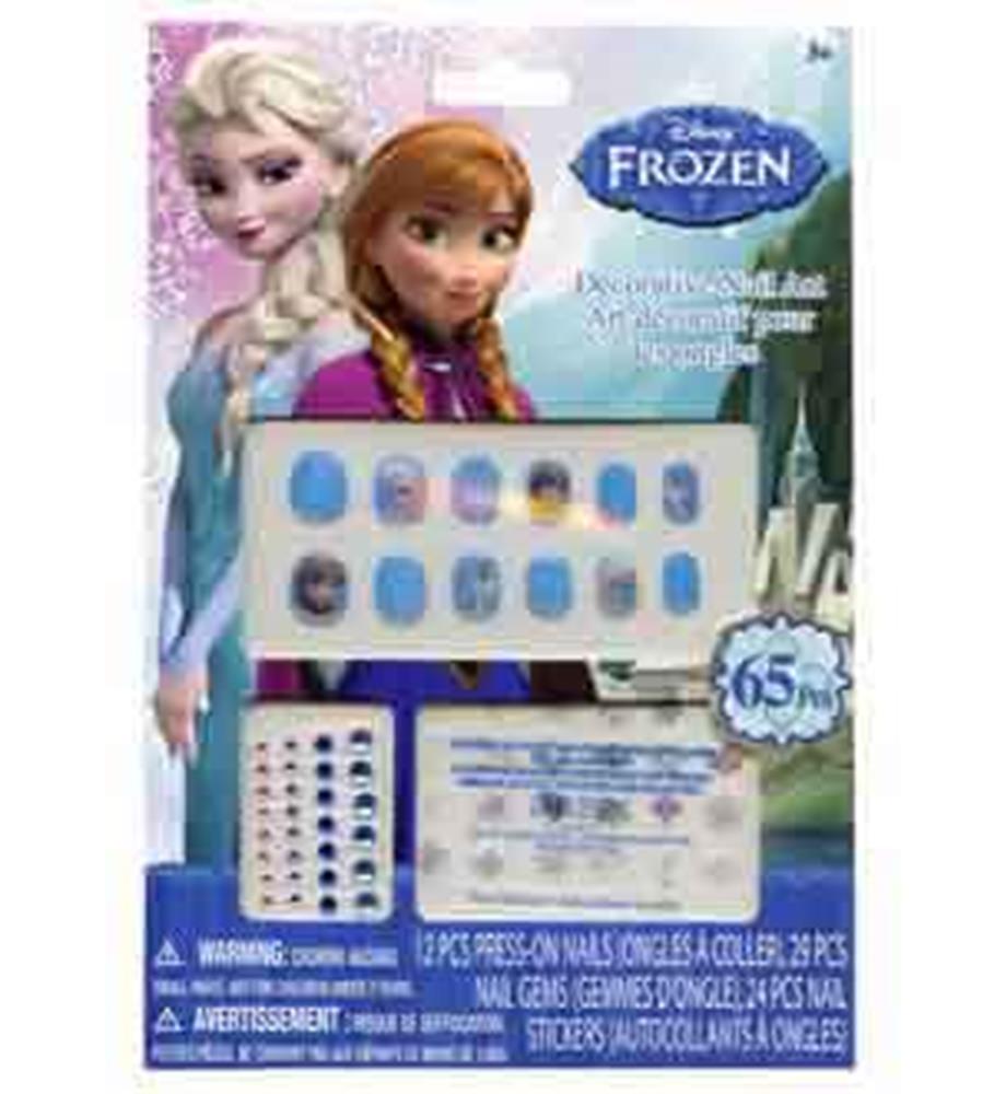 12 blue and purple nail stickers with Frozen characters and gem designs in Disney-themed packaging.