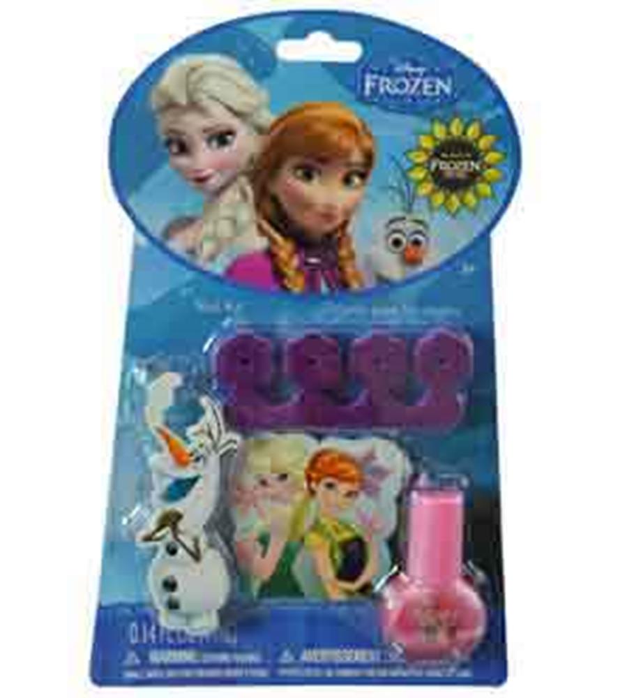 Disney Frozen-themed nail kit with pink nail polish, purple toe separators, and character-themed nail stickers featuring.