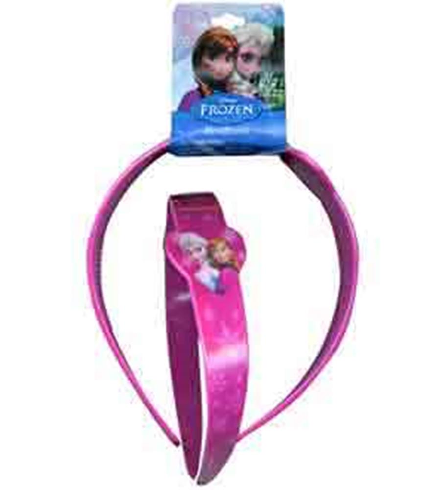 Pink plastic headband with a rectangular Frozen-themed card featuring Anna and Elsa at the top.