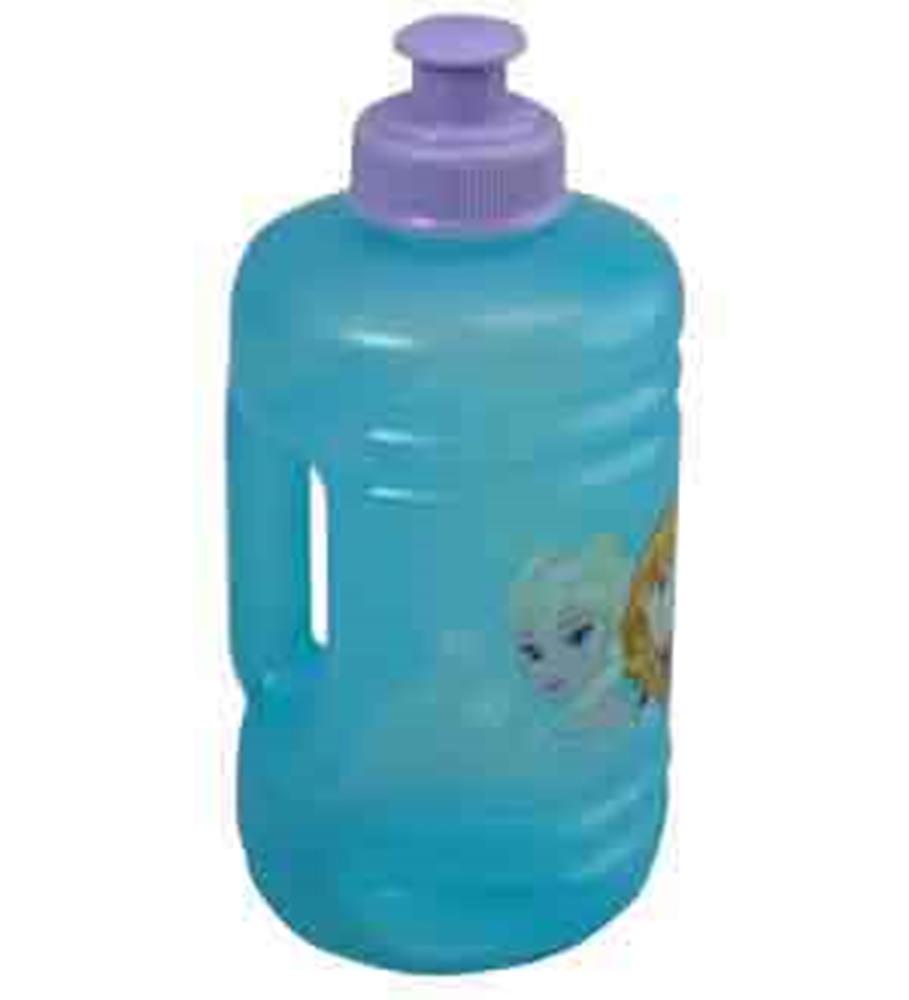 Blue plastic water jug with purple flip-top lid and Frozen character design, 16oz capacity.