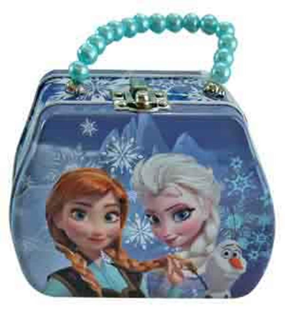 Blue metal purse-shaped tin box with Disney Frozen characters Anna, Elsa, and Olaf, featuring a turquoise beaded handle and.