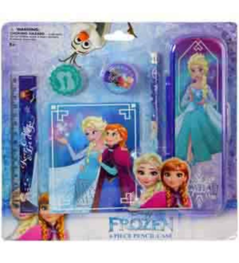 Frozen-themed 6-piece pencil case set with Elsa and Anna designs in purple and blue tones.