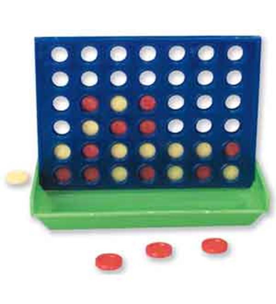 Blue vertical grid game board with yellow and red round discs and green base tray.
