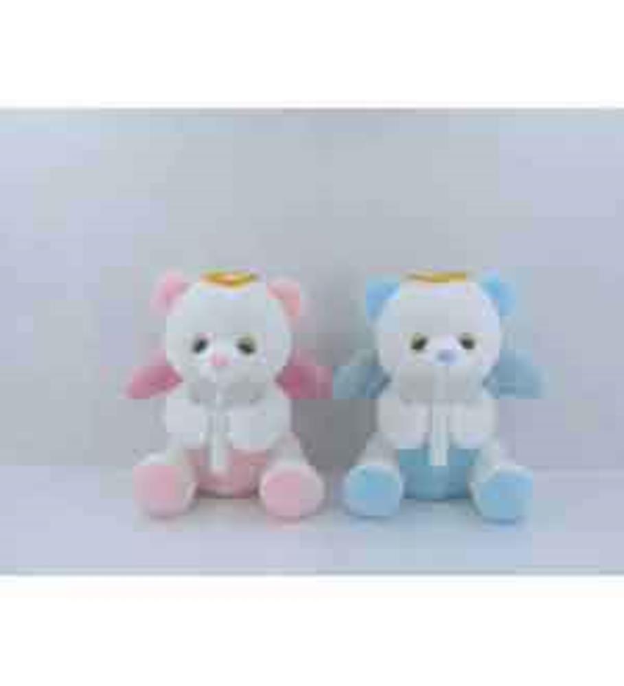 Two plush bears sitting side by side, one white and pink, the other white and blue, each with wings and a candle in front of .