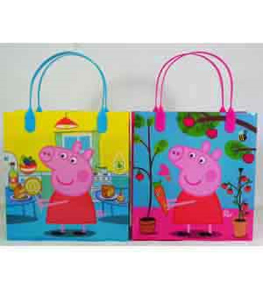 Two Peppa Pig gift bags, one with blue handles and yellow background, the other with pink handles and blue background with.