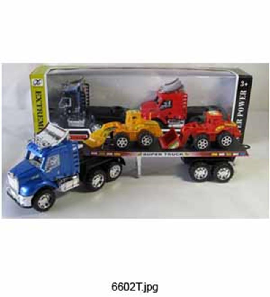 Blue friction-powered toy semi-truck with black flatbed trailer carrying red and yellow friction toy motorcycles.