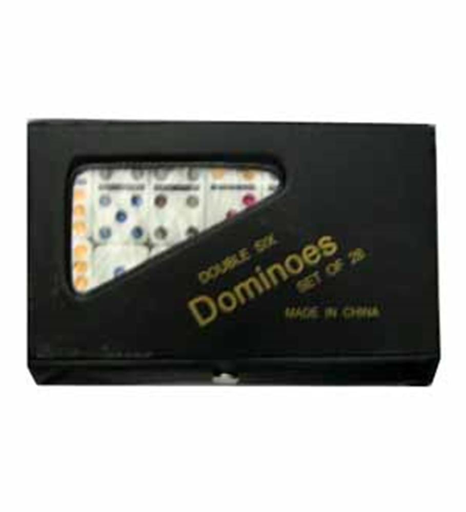 Black rectangular PVC case with a clear window displaying colorful double six dominoes inside.