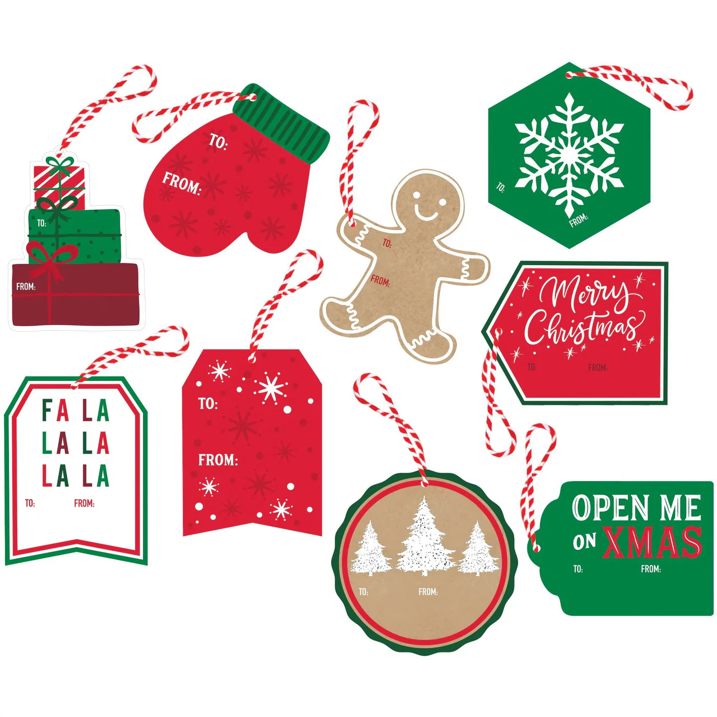Set of 60 colorful Christmas gift tags featuring festive shapes like mitten, gingerbread man, presents, and holiday messages