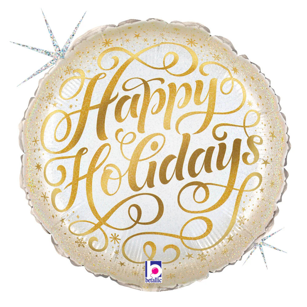 18-inch round white foil balloon with gold glittery "Happy Holidays" script and starburst accents.