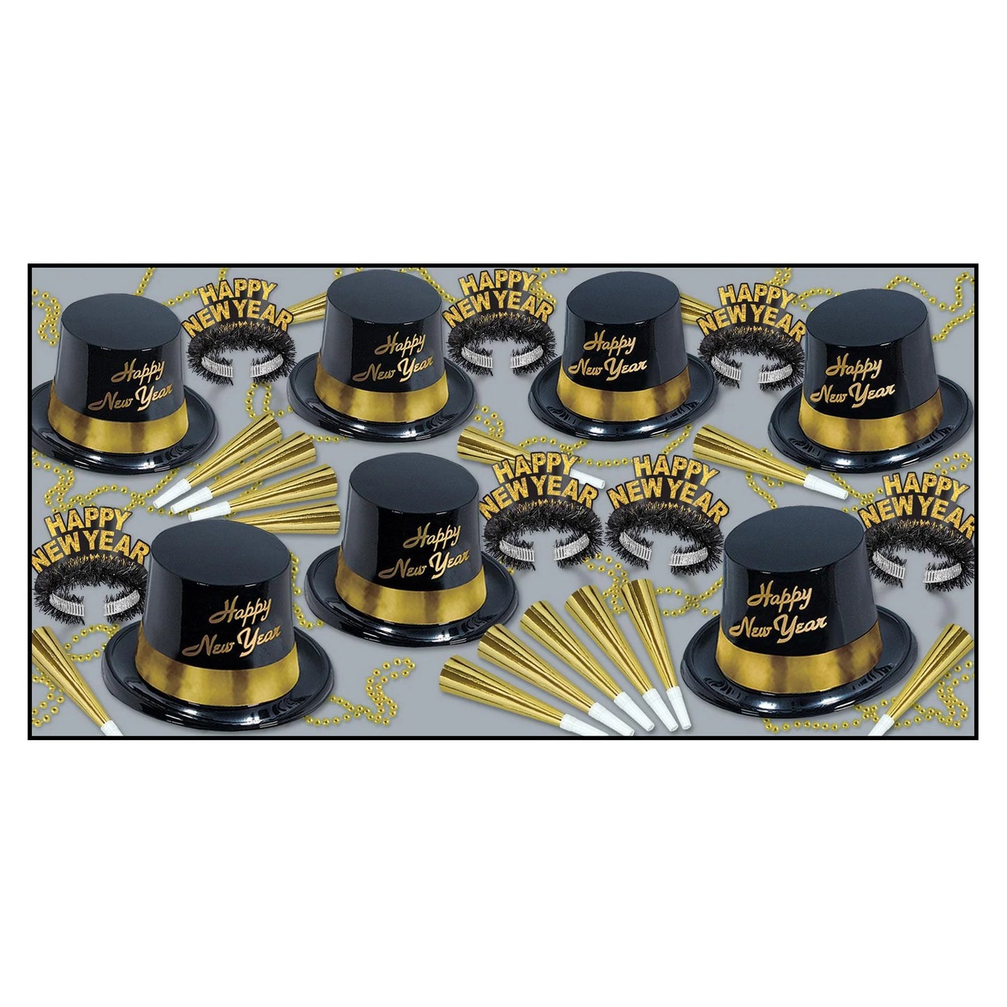 Black top hats with gold "Happy New Year" lettering, gold and silver party blowers, and black glasses with gold "Happy New.