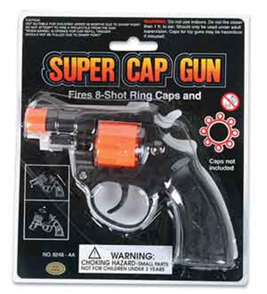 Black and orange plastic toy cap gun with a trigger and revolving cylinder, packaged on a black card labeled "Super Cap Gun".