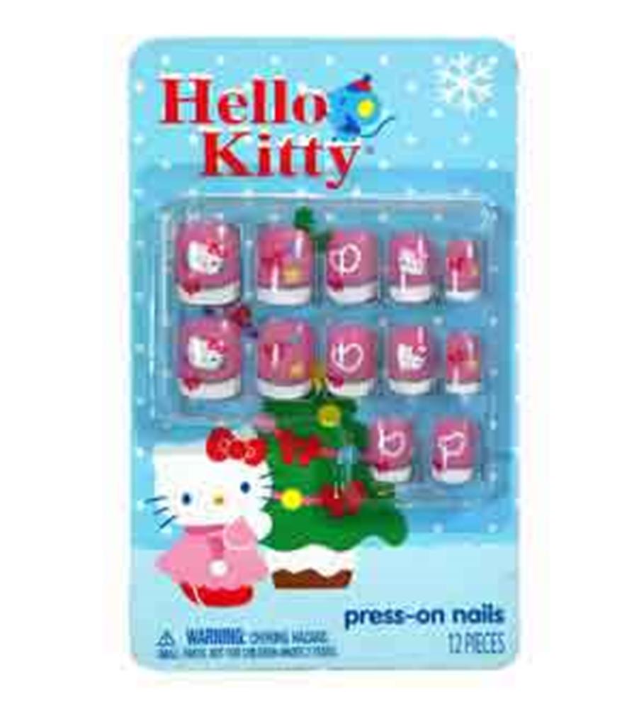 Set of 12 pink Hello Kitty Christmas press-on nails with holiday-themed designs on blue snowflake card.