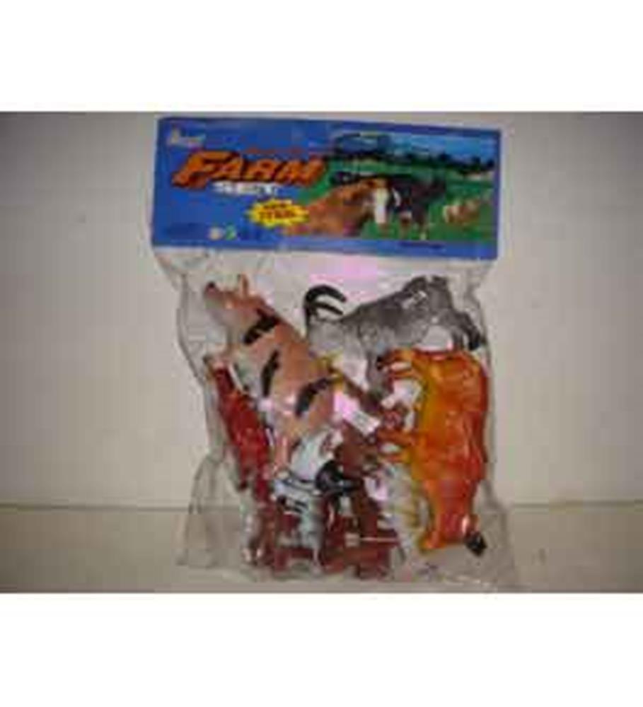 Set of colorful plastic farm animal toys including cow, horse, pig, and chicken in clear packaging with blue header card.