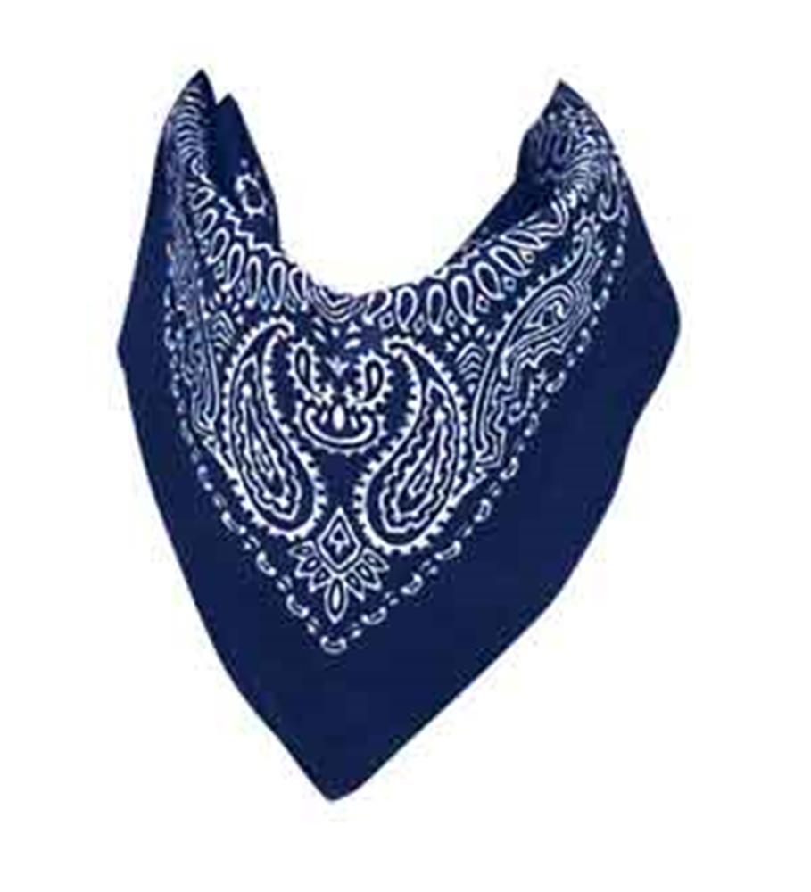 Blue cotton bandana with white paisley and floral patterns, triangular shape, 19 inches.