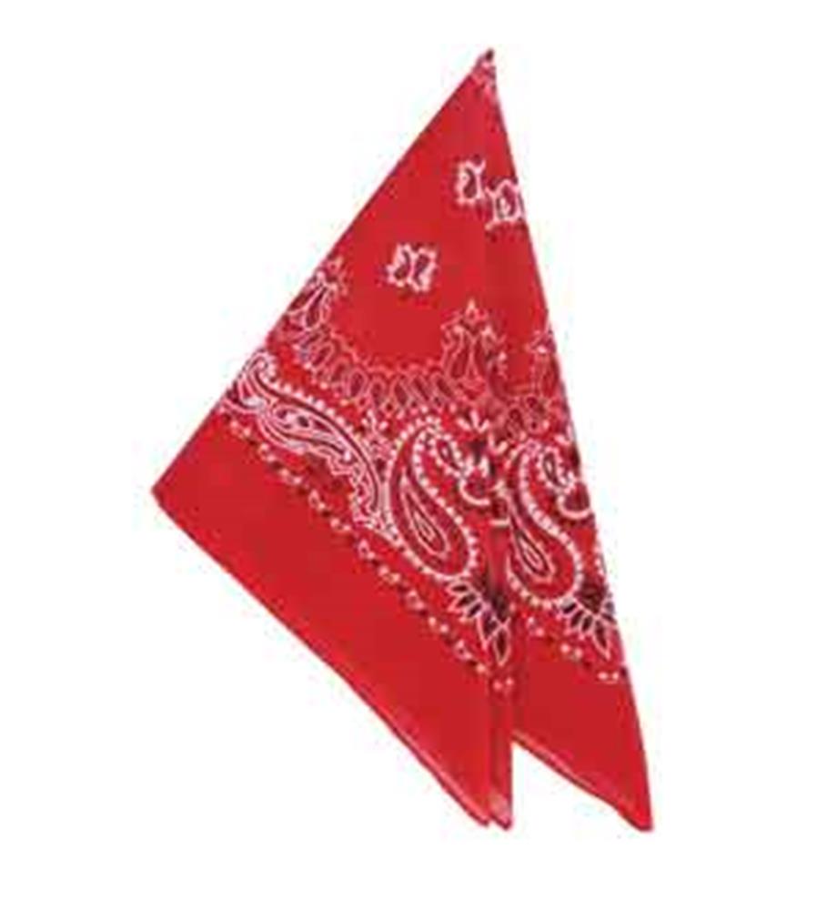 Red cotton bandana with classic white paisley and floral pattern, 19-inch square.
