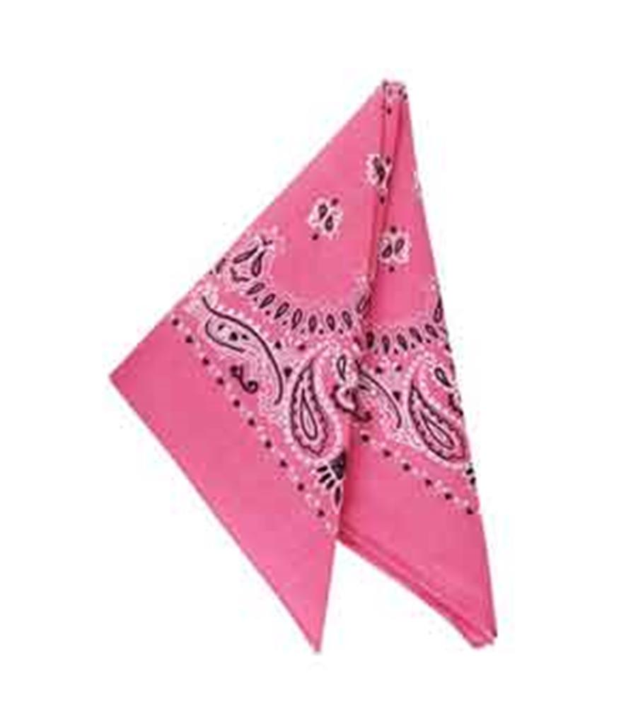 Pink cotton bandana with classic paisley and floral patterns in black and white.