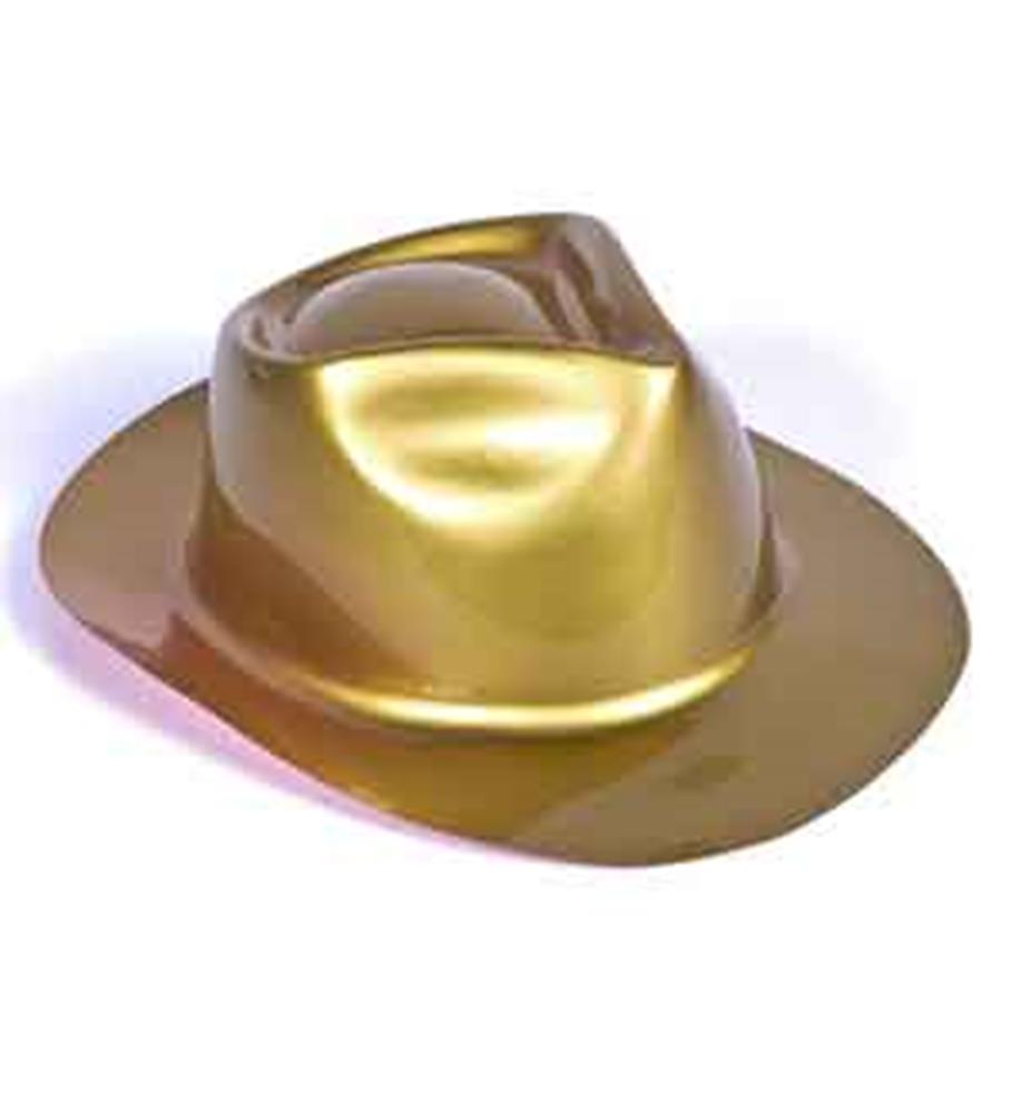 Shiny gold gangster-style fedora hat with a creased crown and wide brim.