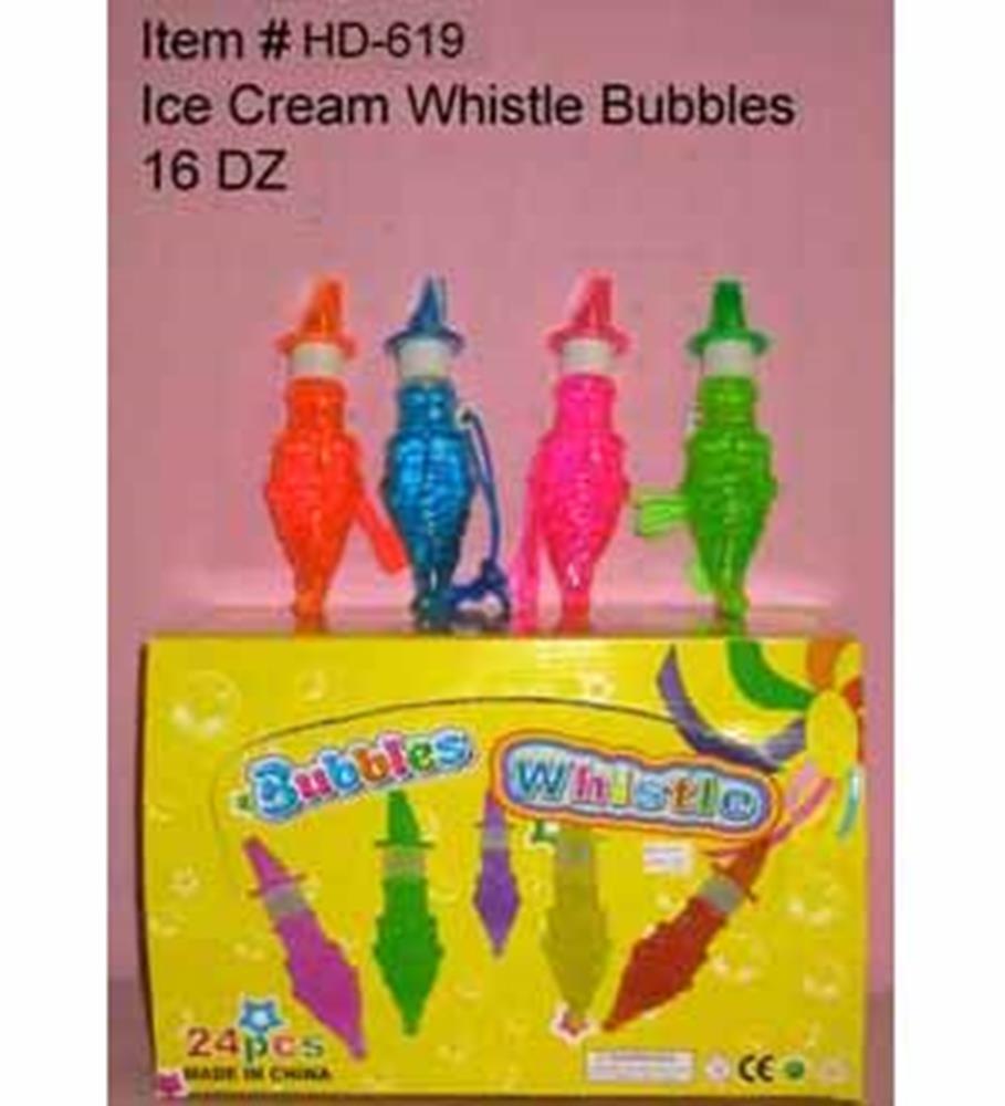 Colorful plastic ice cream cone-shaped bubble whistles in orange, blue, pink, and green on a pink background with yellow.