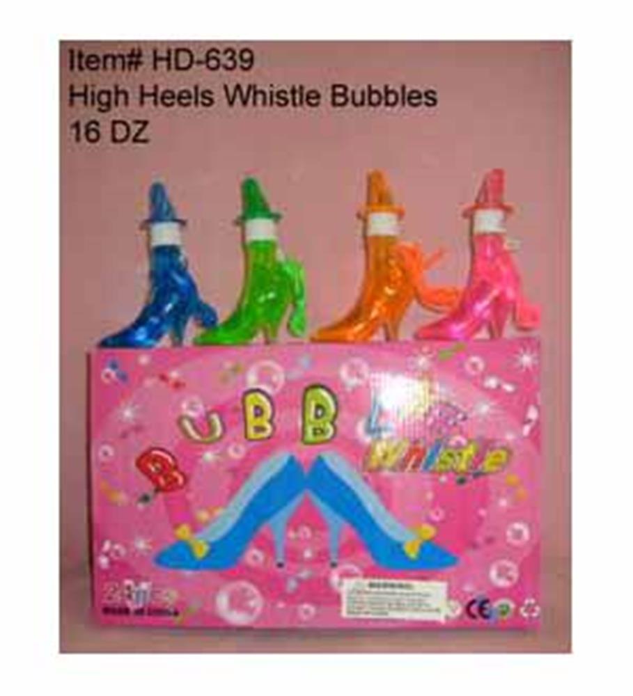 Colorful plastic high heel-shaped bubble whistles in blue, green, orange, and pink, displayed on pink packaging with.