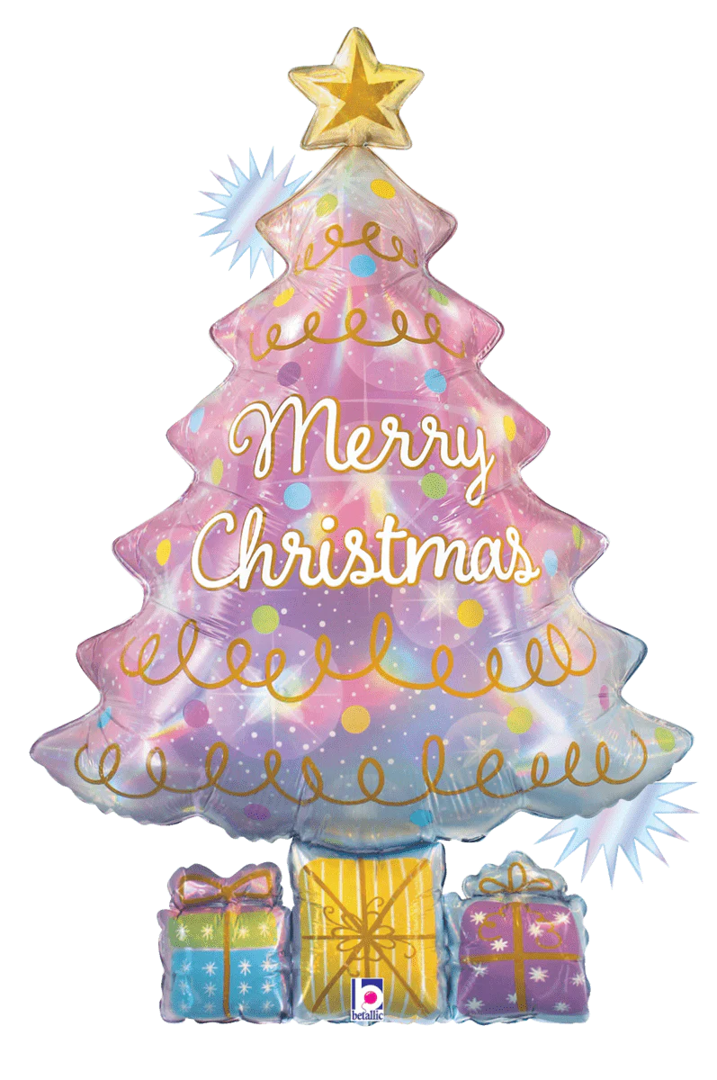 39-inch holographic foil balloon shaped like a Christmas tree with pink, blue, and white opal colors, gold star topper, gold