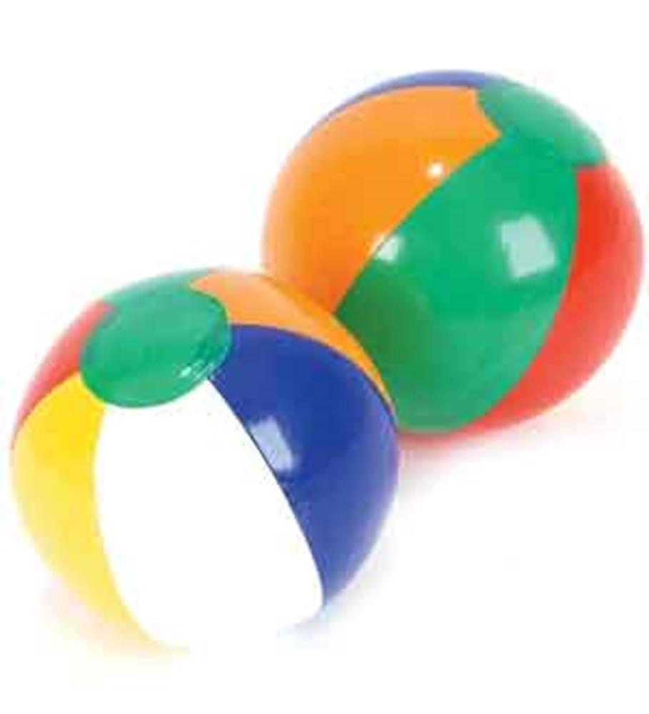 Two inflatable beach balls with shiny surfaces, featuring colorful panels in green, orange, red, yellow, white, and blue.