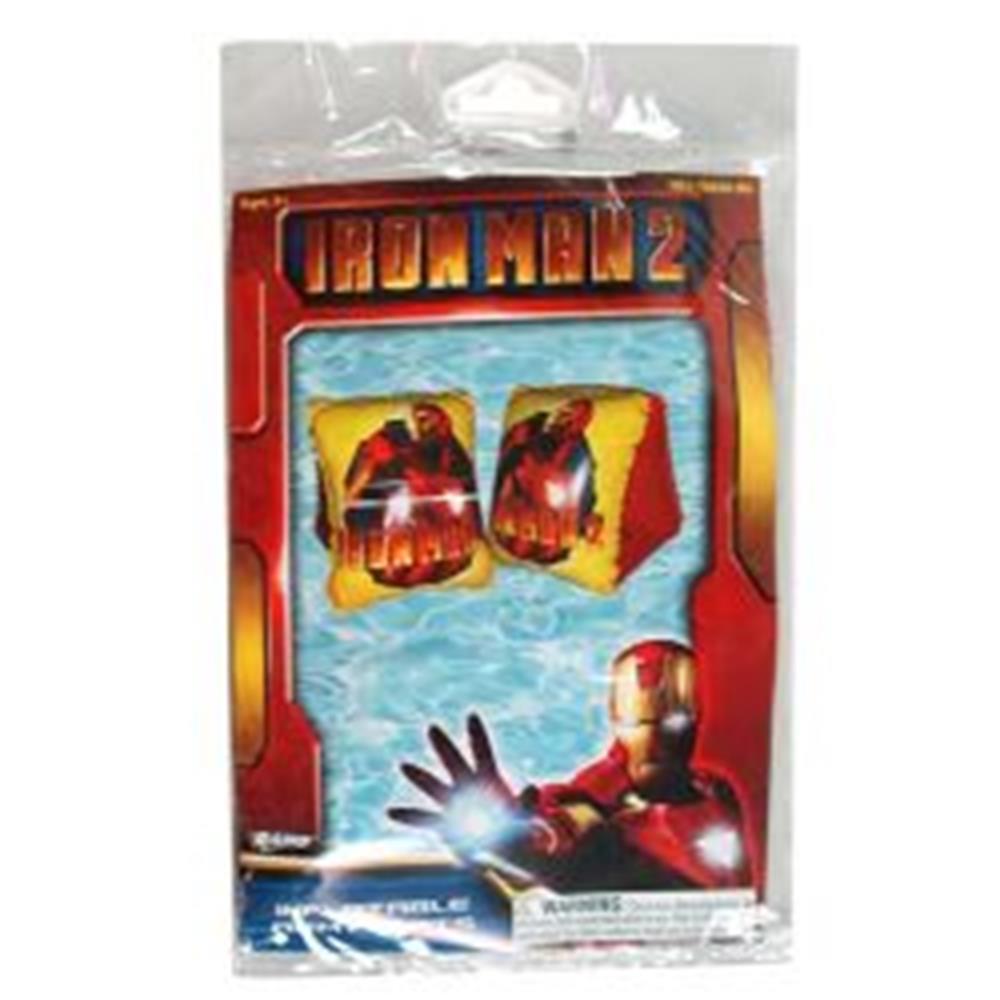 Yellow inflatable arm floaties featuring red and black Iron Man graphics, designed for kids.