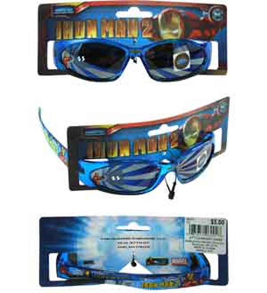 Blue plastic Iron Man kids sunglasses with wraparound frames on superhero-themed backing card.