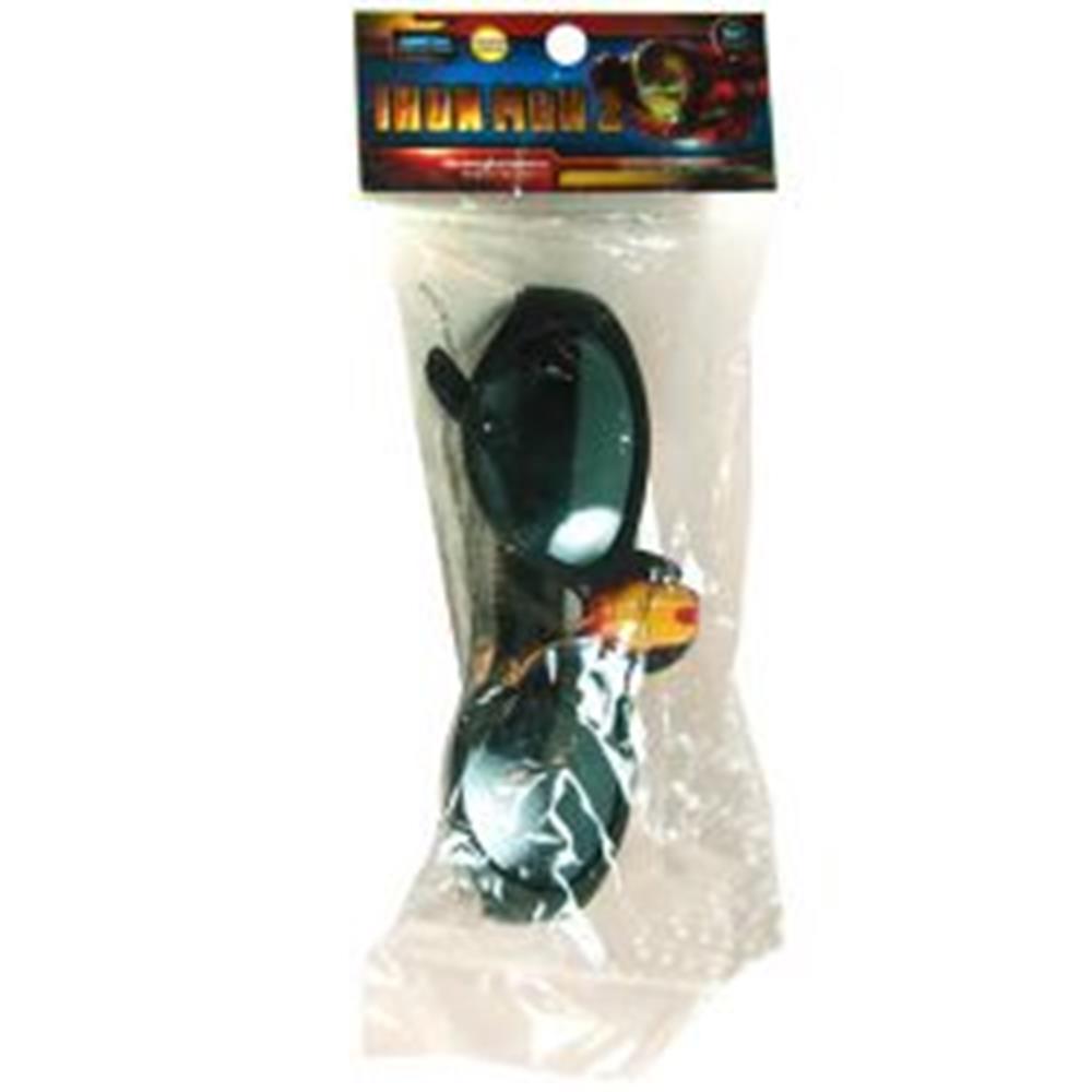 Black plastic sunglasses with rounded lenses featuring a small Iron Man face detail on the side, packaged in clear plastic.