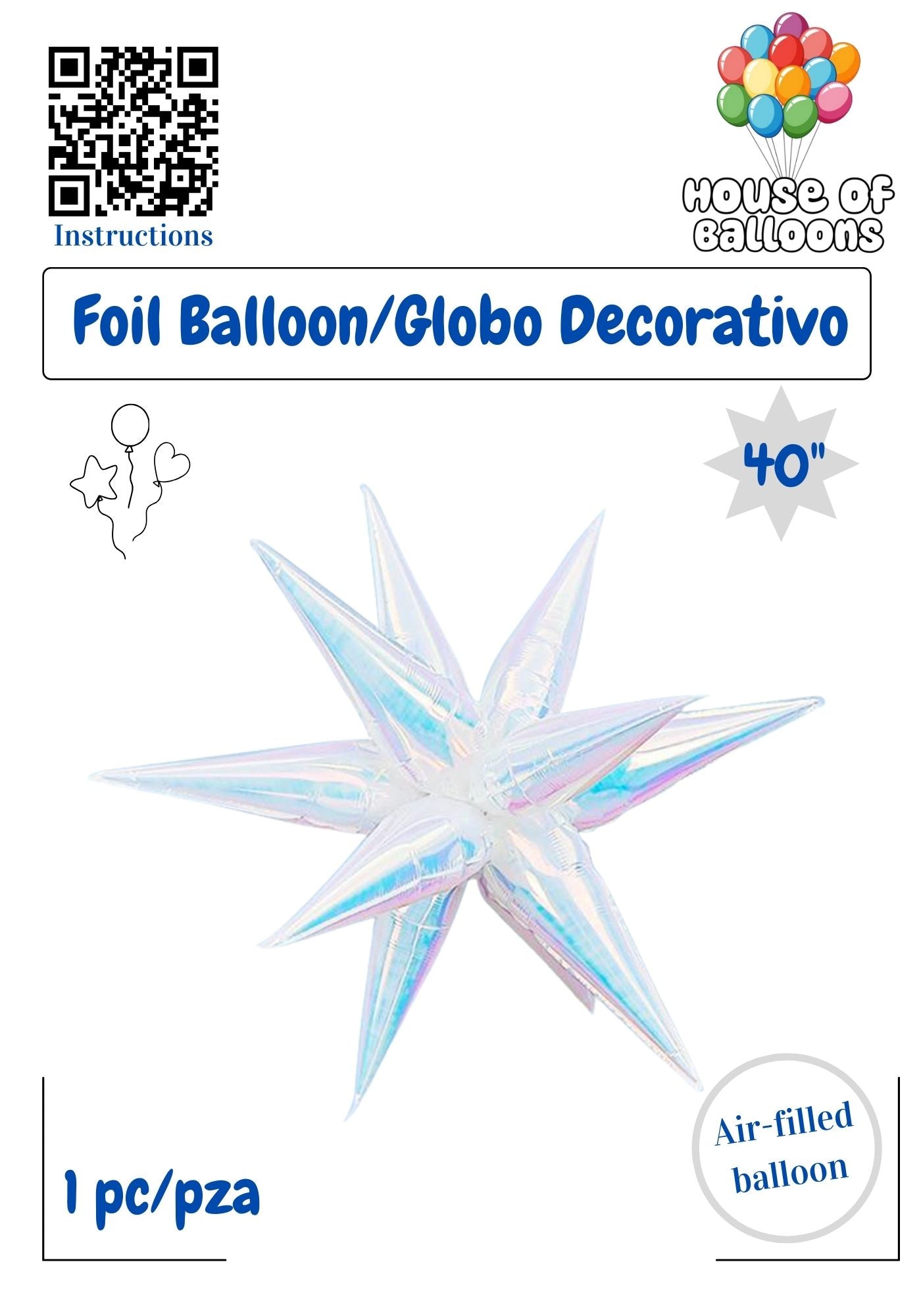 House of Balloons Star Burst Mother of Pearl White Iridescent 40 inch Foil Balloon 1ct