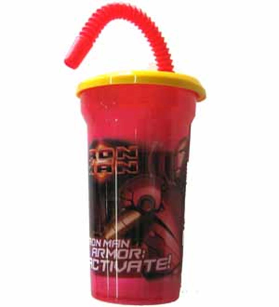 14oz red Iron Man tumbler with yellow lid and flexible red straw, superhero design.