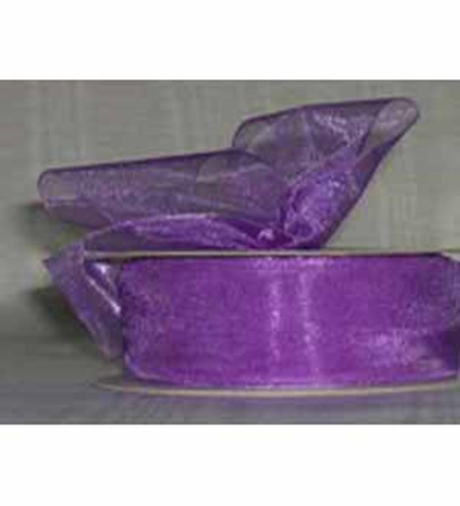 Purple sheer organza ribbon rolled with loose folded section, translucent and shiny texture.