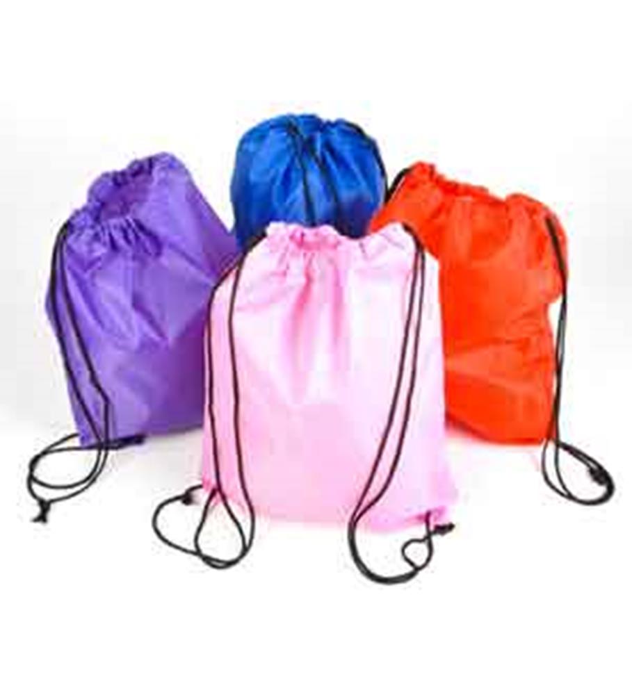Set of four solid color nylon drawstring backpacks in purple, blue, pink, and orange with black cords.