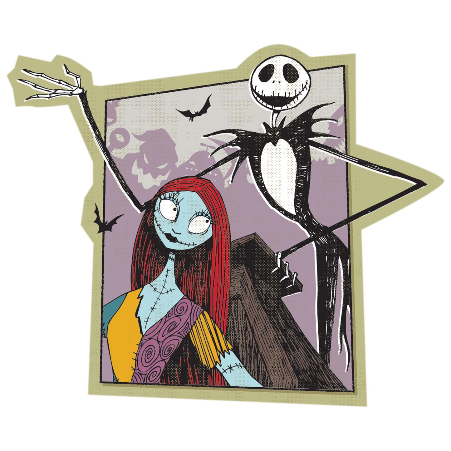Square Halloween sticker featuring Jack Skellington with a white skull face and black suit, and Sally with blue skin and red