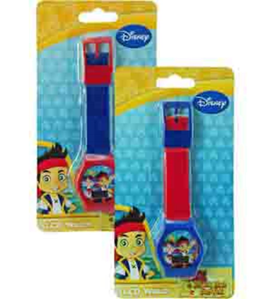 Two Disney Jake and the Neverland digital watches with blue and red straps, featuring character images on the round faces,.