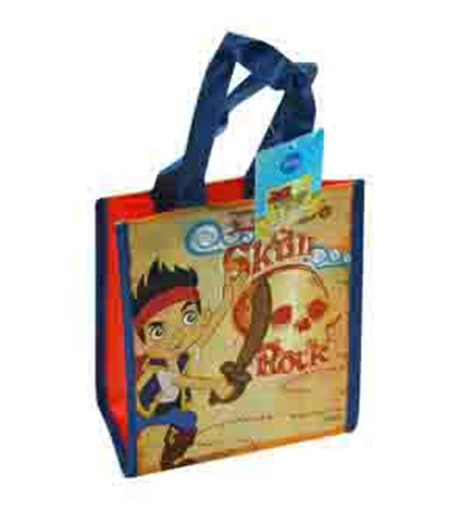 Small rectangular tote bag with navy handles featuring Jake and a pirate map design in tan, red, and blue colors.