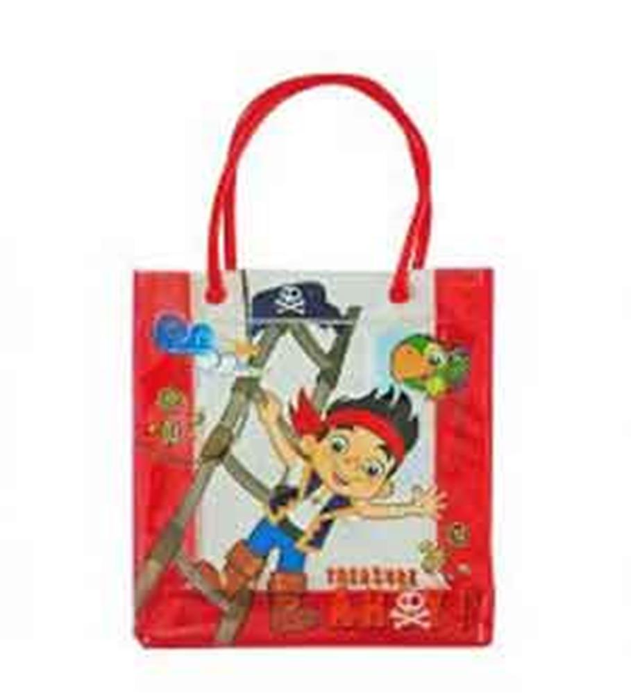 Red and transparent tote bag with pirate-themed cartoon boy, skull and crossbones, and red rope handles.
