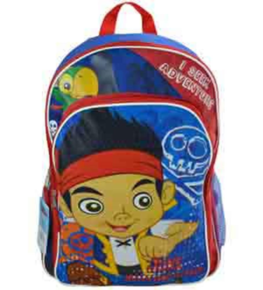Blue and red 16-inch backpack with Jake from Neverland design, front zipper pocket, and red handle.