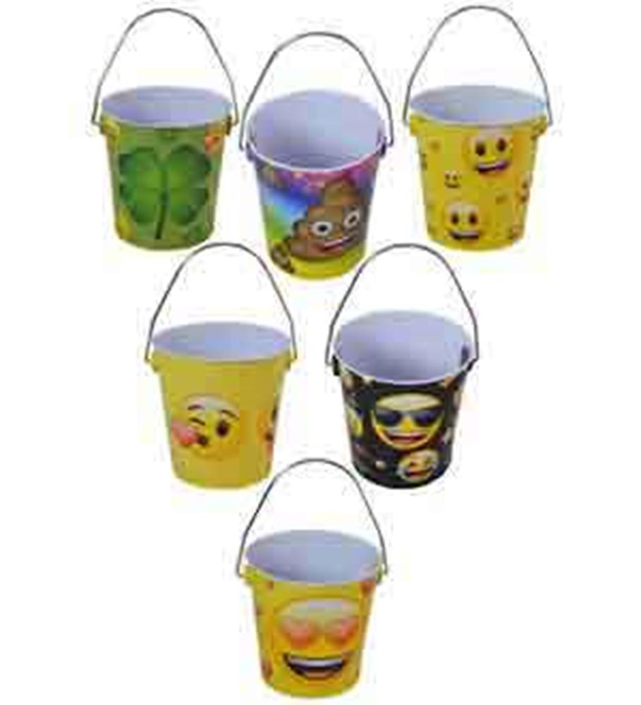 Set of five small round tin buckets, each 4x4x3 inches, featuring colorful emoji faces with metal handles.