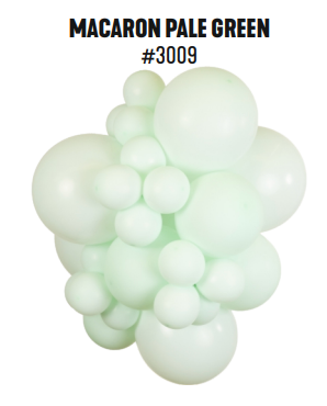 Kalisan Macaron Pale Green latex balloon color cluster showing the shade across multiple balloon sizes