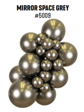 Kalisan Mirror Space Grey latex balloon color cluster showing the shade across multiple balloon sizes