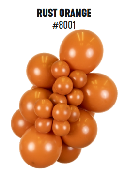 Kalisan Retro Rust Orange latex balloon color cluster showing the shade across multiple balloon sizes