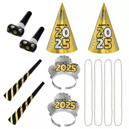 Black and gold striped blowouts, black noisemakers, gold 2025 party hats, silver 2025 tiaras, and silver bead necklaces for.