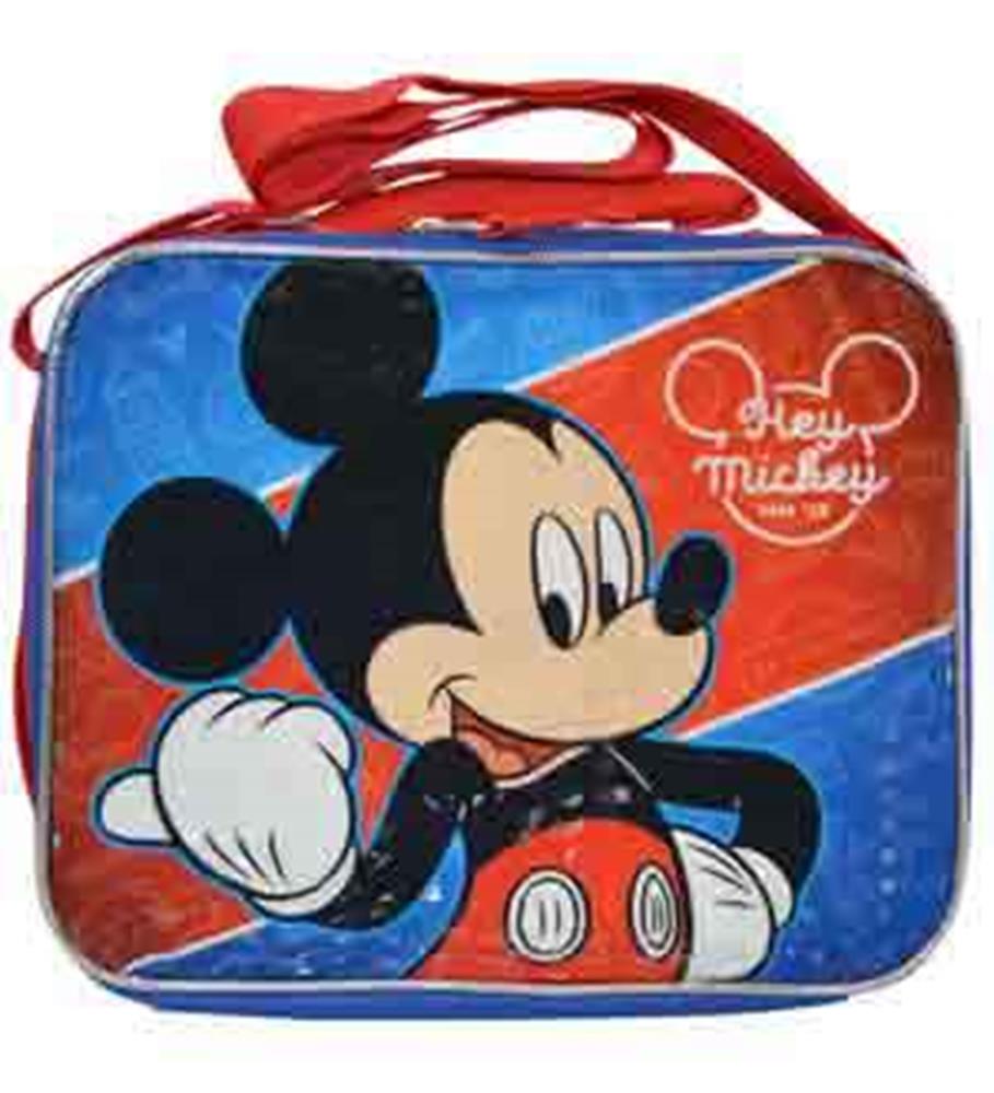 Square-shaped lunch bag with red trim and handle, featuring Mickey Mouse on a blue and red background and "Hey Mickey" text.