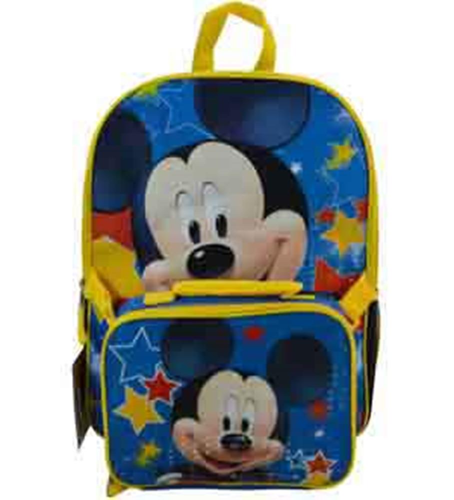 Blue and yellow 16-inch Mickey Mouse backpack and lunch kit with colorful stars and Mickey faces.