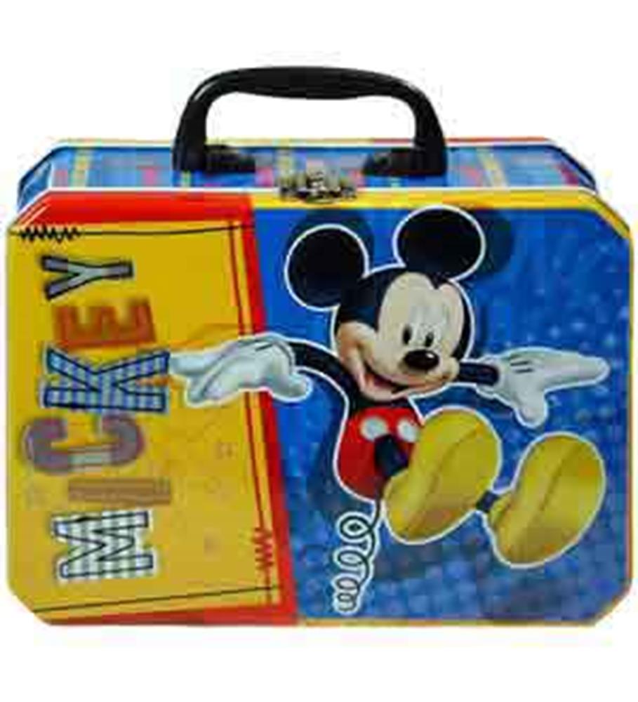 Rectangular metal lunchbox with black handle featuring colorful Mickey Mouse graphic and bold "Mickey" text.