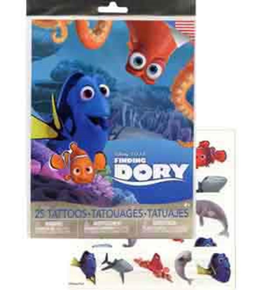Pack of 25 colorful temporary tattoos featuring Finding Dory characters on a sheet with coral reef background.