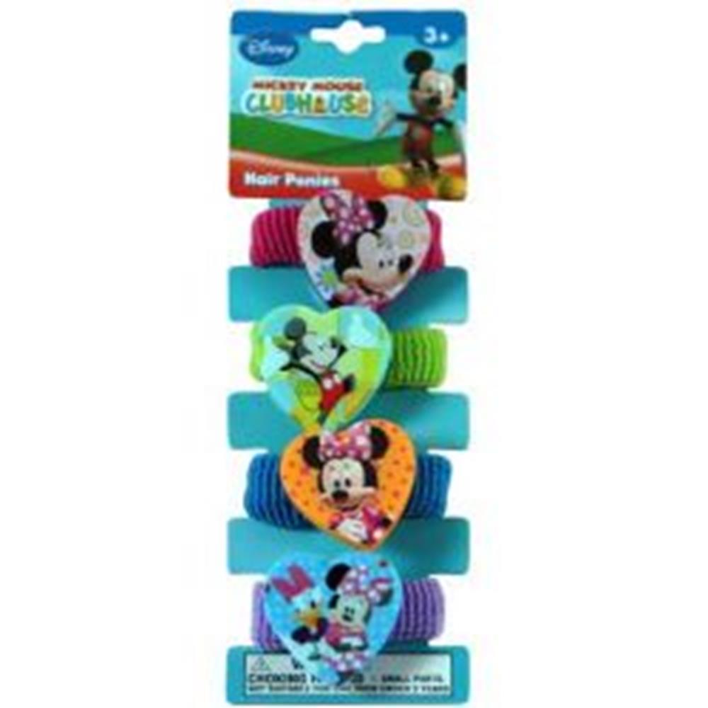 Set of four colorful Mickey Mouse-themed hair ponies with plastic character motifs on elastic bands.