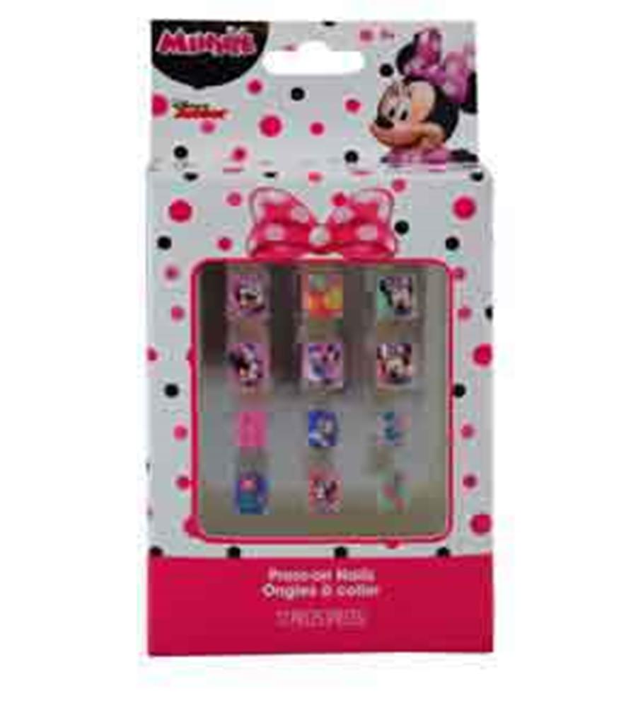 Pack of colorful press-on nails featuring Minnie Mouse designs with pink polka dot bow packaging.
